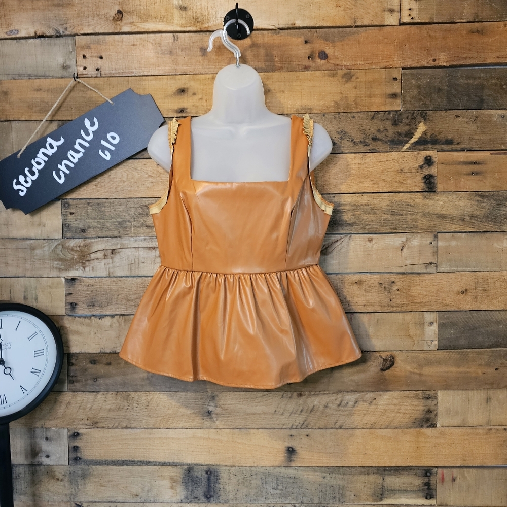 TCEC Women's Pumpkin Brown Faux Leather Peplum Tank Top Size M